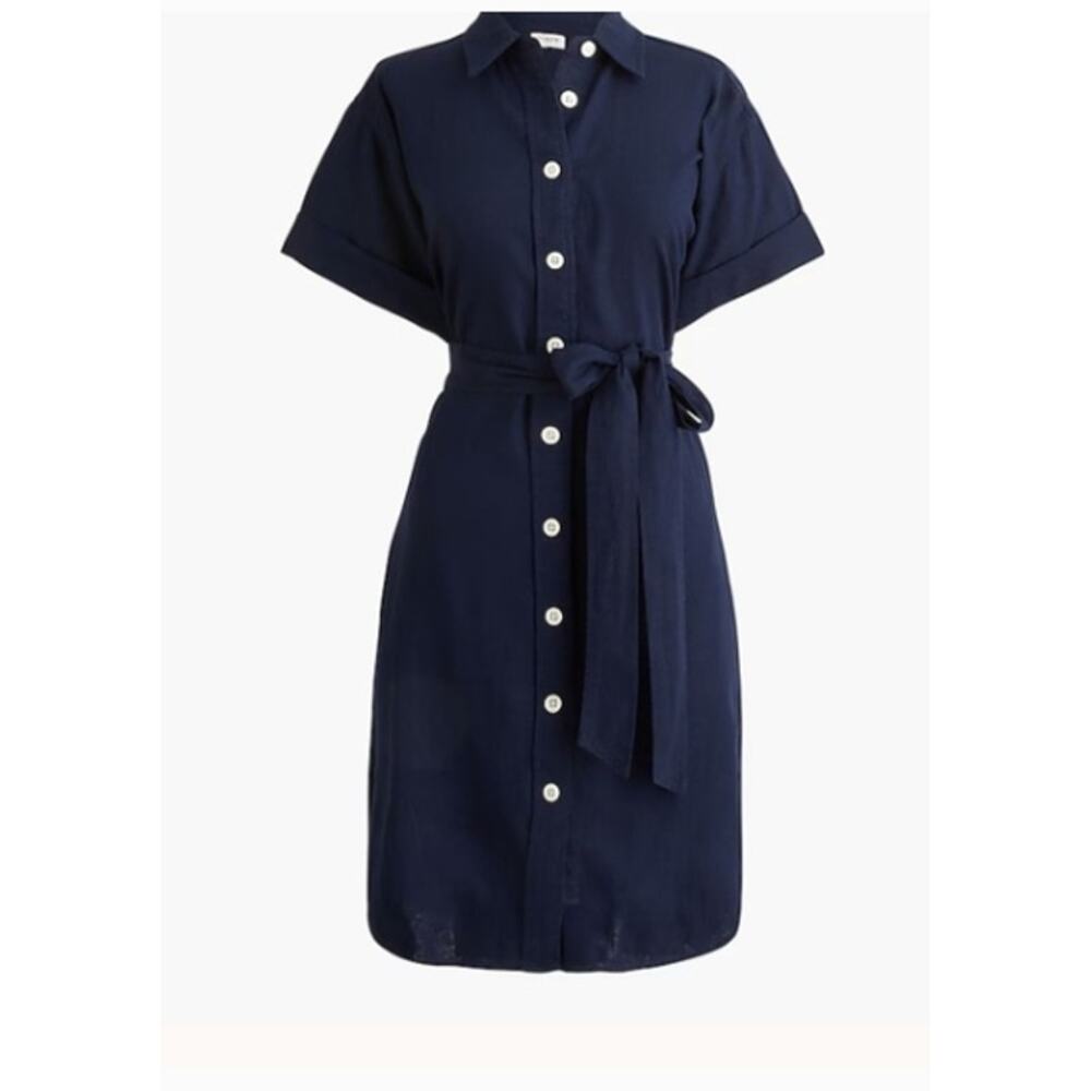 J.Crew 100% Linen Belted Mini Shirt Dress Navy Blue Sz S EUC